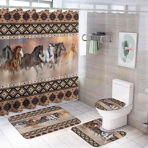 Rustic Aztec Horse Western Non-Slip Rugs Toilet Lid Cover Bath Mat and Bathroom Curtain